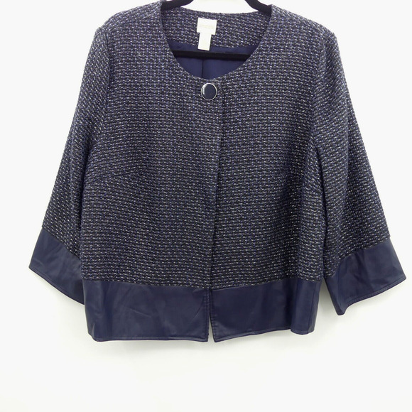Chicos Shimmer Tweed Wool Jacket Size 3 XL Blue Faux Leather Trim Event Cocktail - Picture 1 of 6